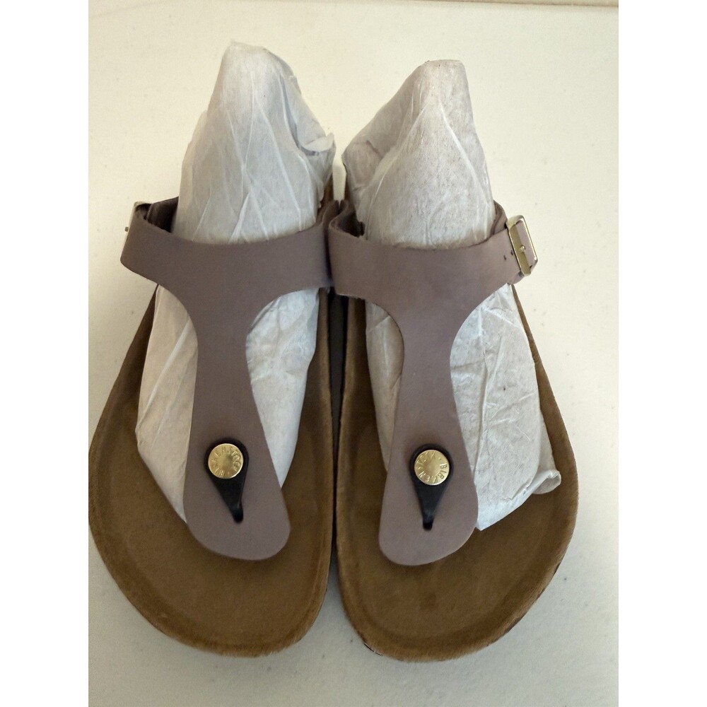 Birkenstock Gizeh Leather Sandals 38 Regular Mauve Taupe Gold NWOB